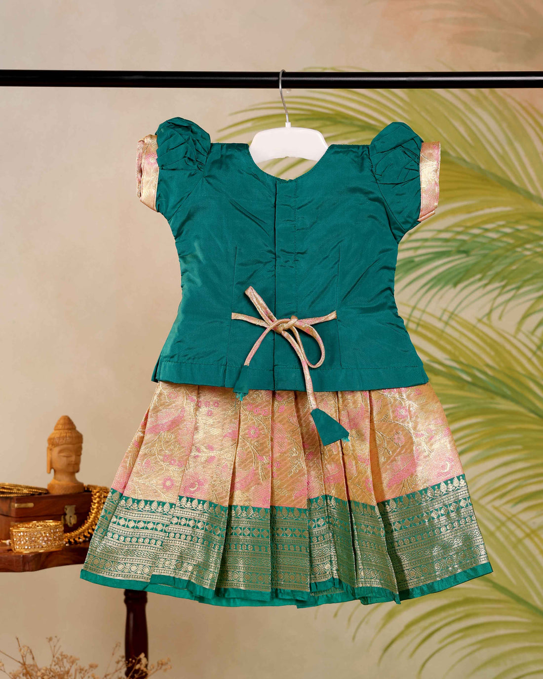 Classic Kids Pattu Pavadai Readymade a Traditional Ethnic Gown with Zari Border & Puff Sleeves  - Green