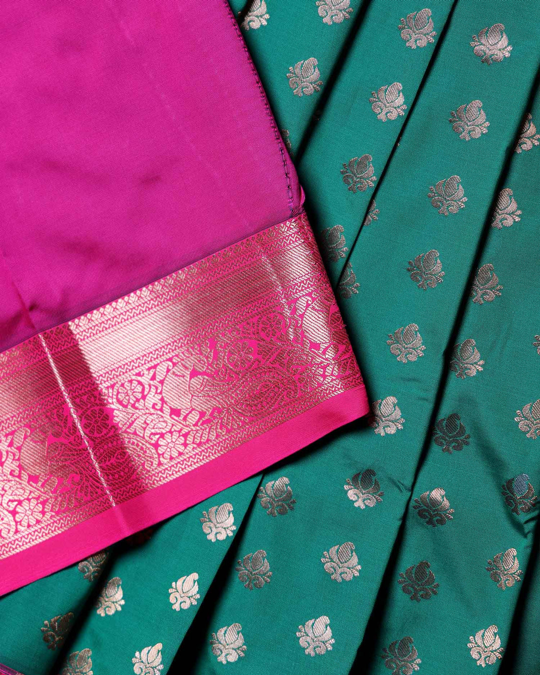 Traditional Kids Traditional Pattu Pavadai Material with All Over Zari Butta Design and Contrast Temple Border - Dark Green