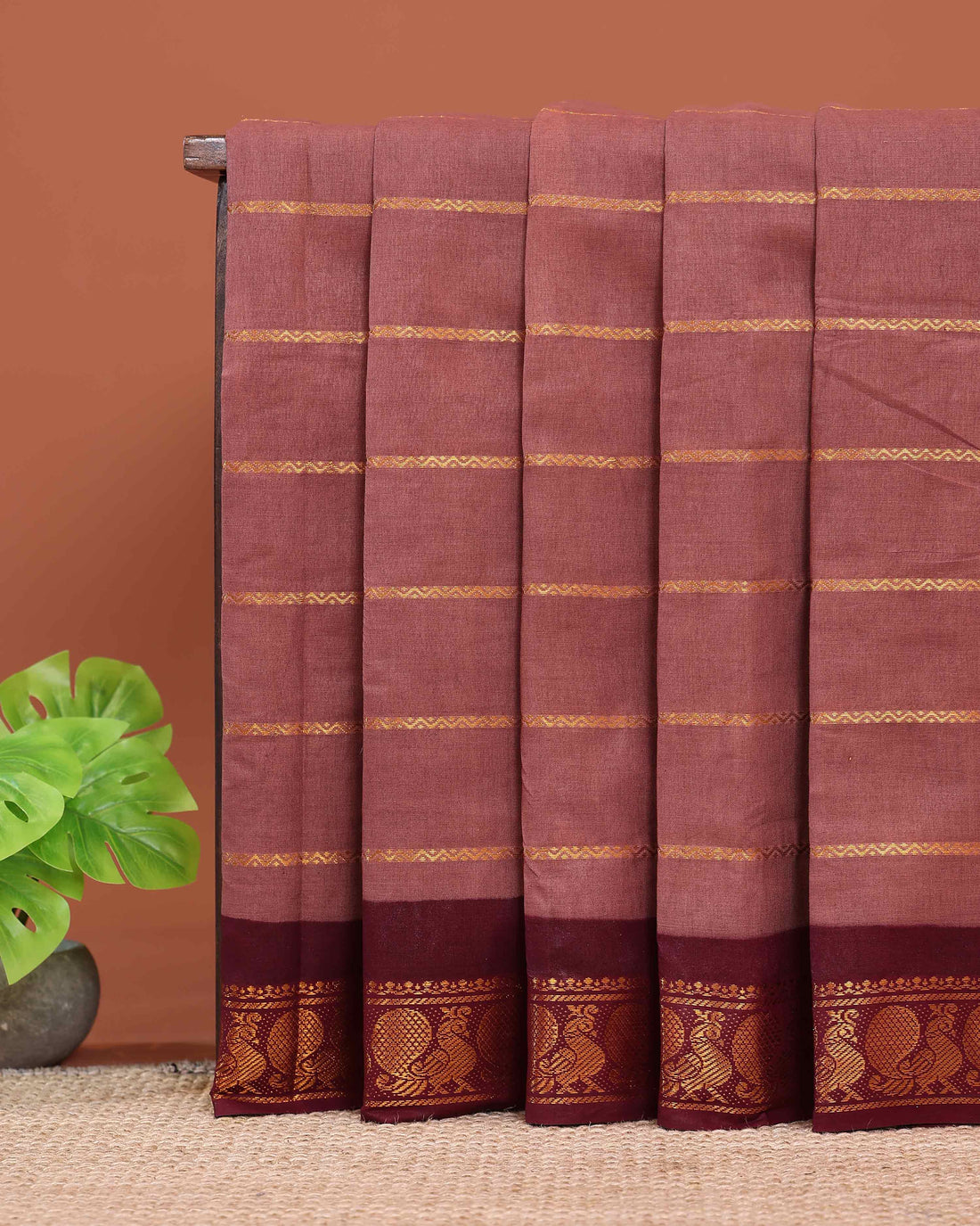Elegant Sungudi Cotton Saree with Striped Body and Rich Zari Border - Brown