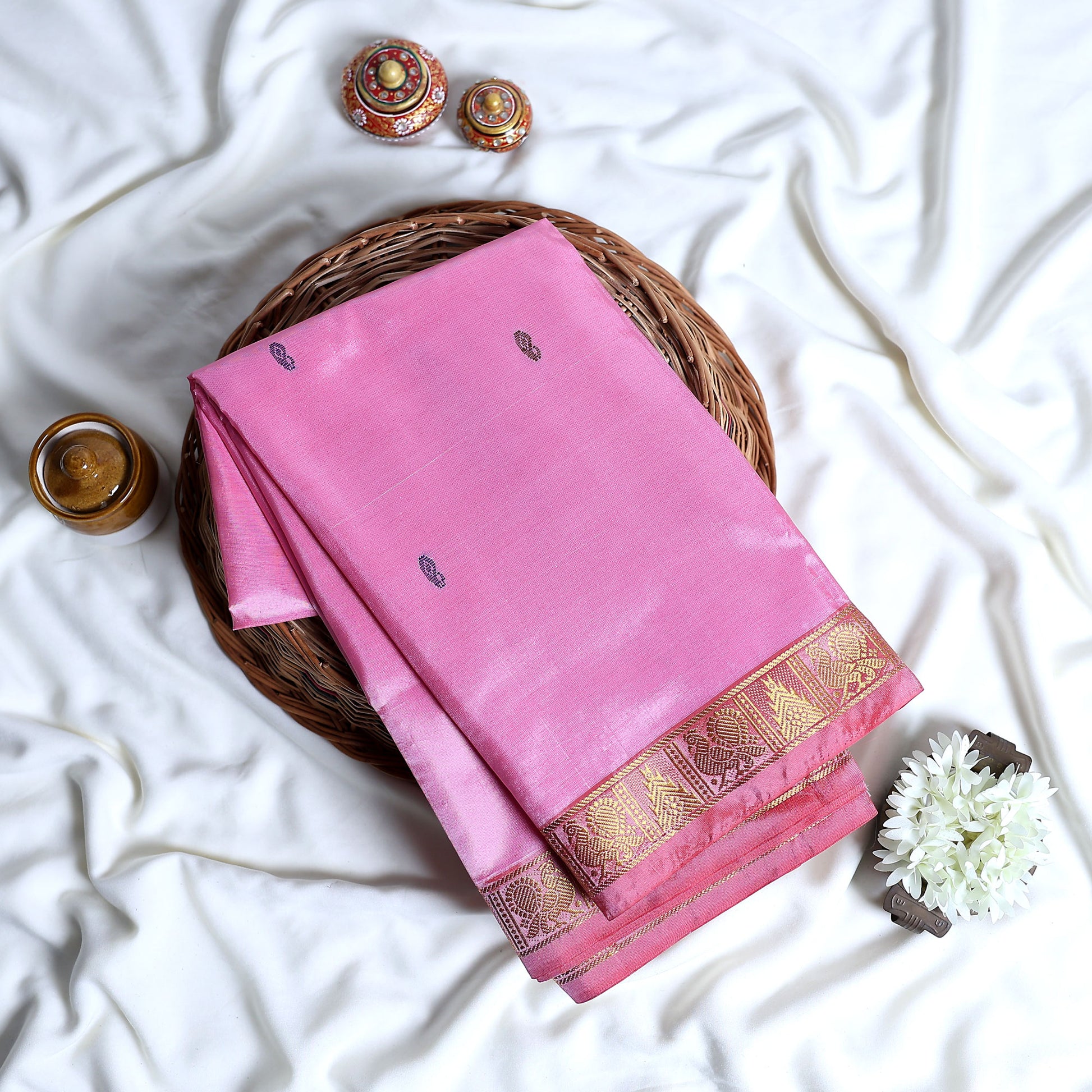 Banana Pith Saree With Elegant Gold Zari Border