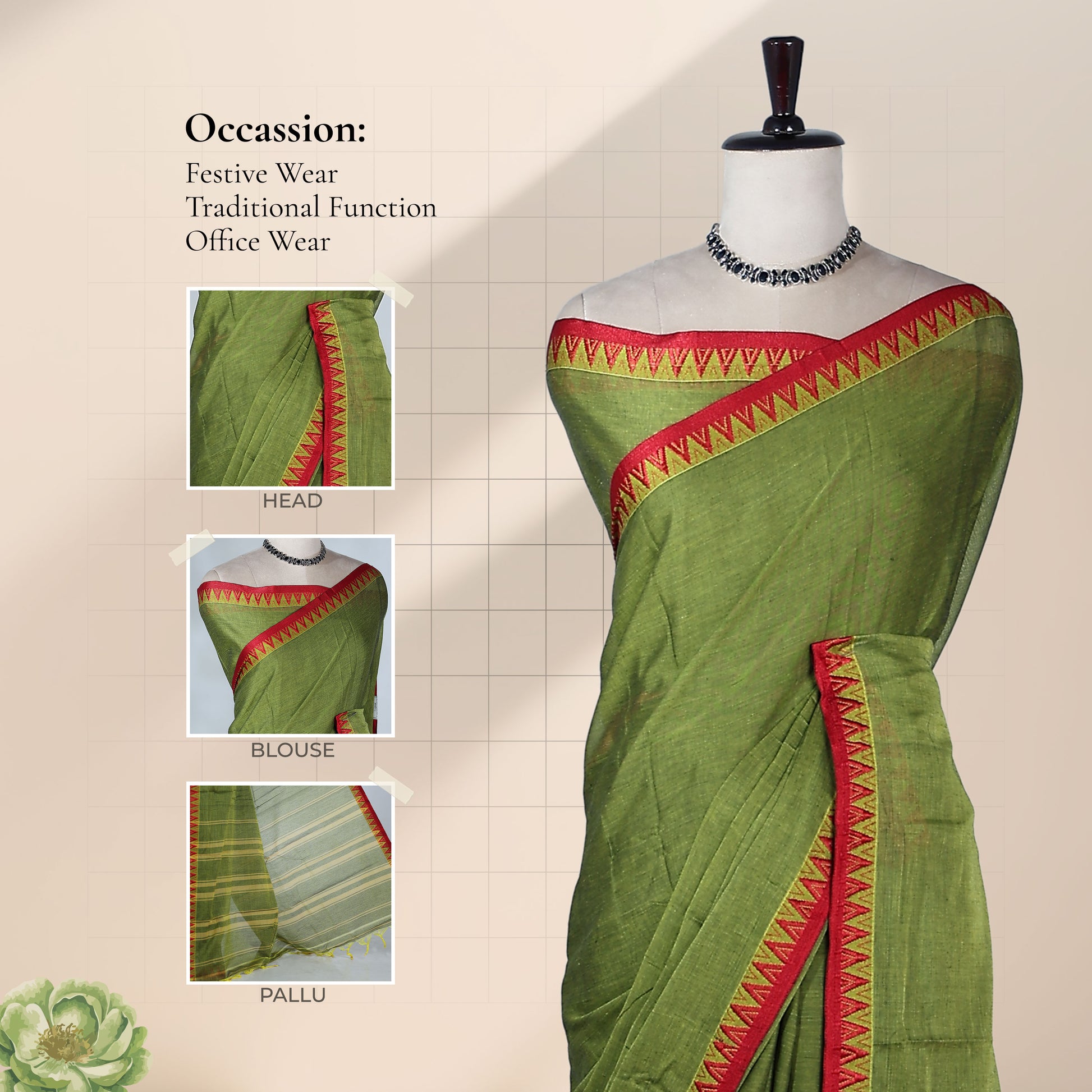 Olive Green Mangalagiri Cotton Saree With Red Temple Border And Striped Pallu Detail