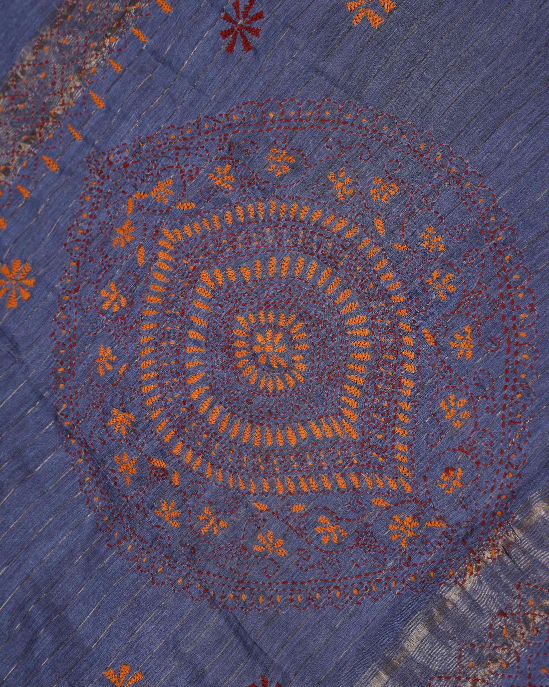 Elegant Kantha Hand Embroidered Saree with Intricate Floral Motif and Contrast Border - Grey