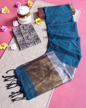 Handloom Traditional Khadi Cotton Saree with Woven Border and Contrast Printed Blouse Piece - Teal