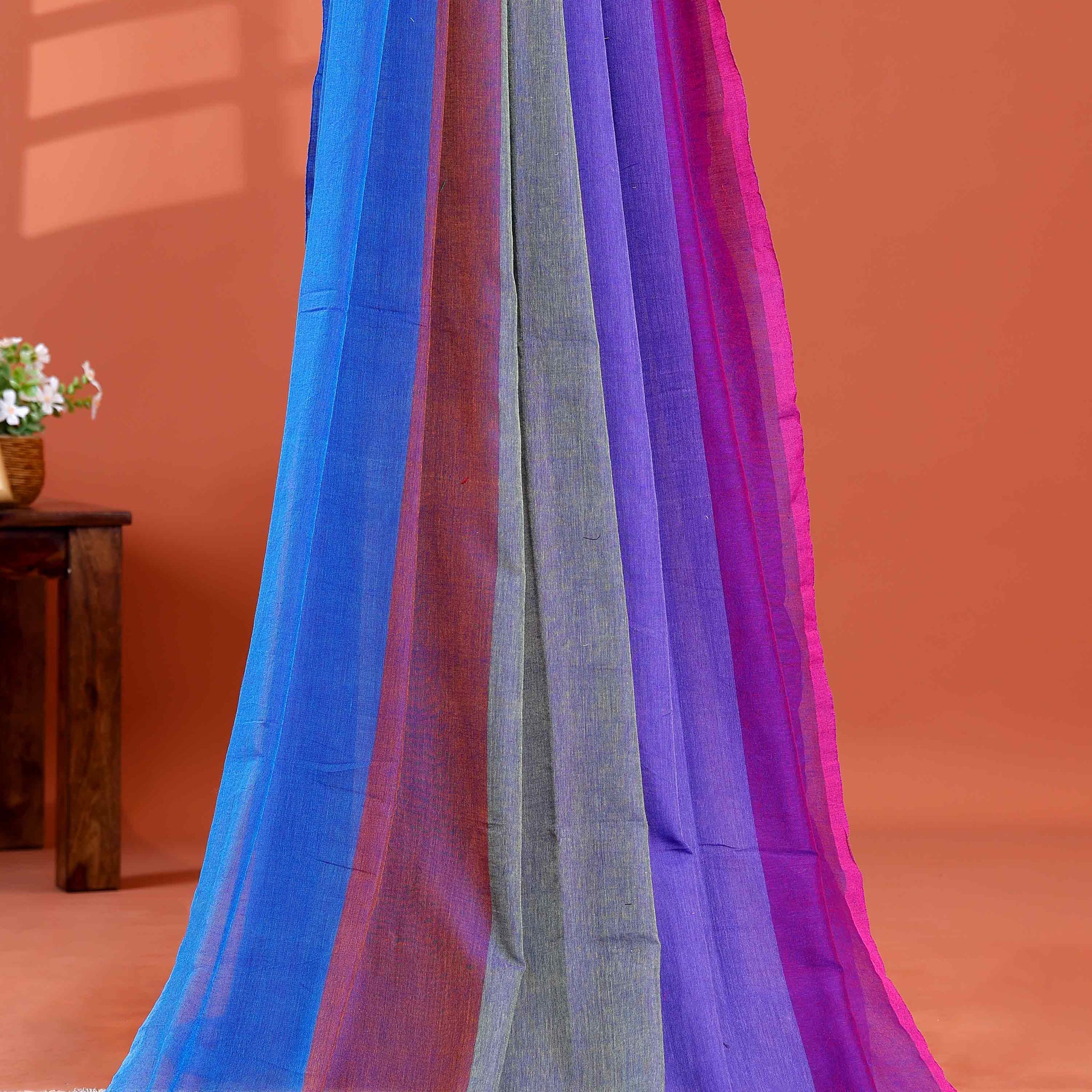 Handwoven Mul Mul Cotton Saree with Bold Striped Pattern and Tassel Detailing - Multi