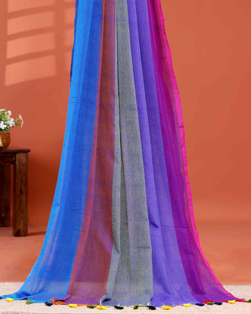 Handwoven Mul Mul Cotton Saree with Bold Striped Pattern and Tassel Detailing - Multi