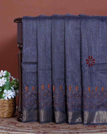 Elegant Kantha Hand Embroidered Saree with Intricate Floral Motif and Contrast Border - Grey