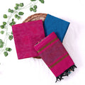 Cotton Salwar Material In Pink With Striped Pattern Blue Contrast Dupatta Flat Lay View