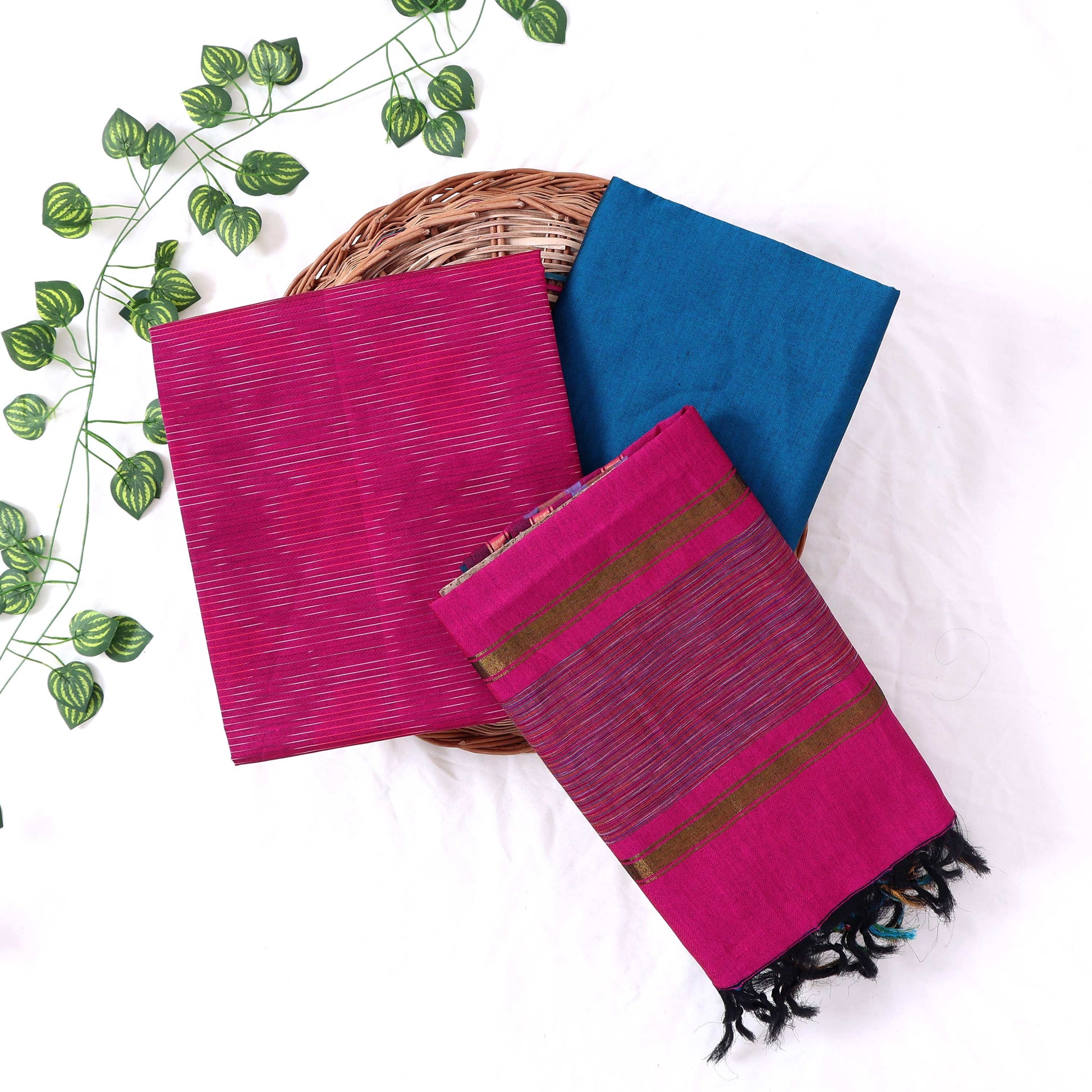 Cotton Salwar Material In Pink With Striped Pattern Blue Contrast Dupatta Flat Lay View
