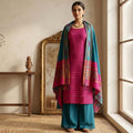 Pink Cotton Salwar Material With Striped Weave Blue Dupatta And Striped Border Front View