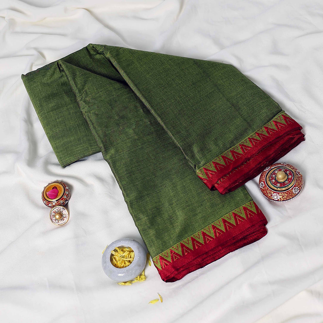Olive Green Mangalagiri Cotton Saree for Women | Festive Summer Collection | Jeyachandran - Full View