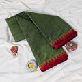Olive Green Mangalagiri Cotton Saree With A Contrasting Red Woven Border And Traditional Pallu Design