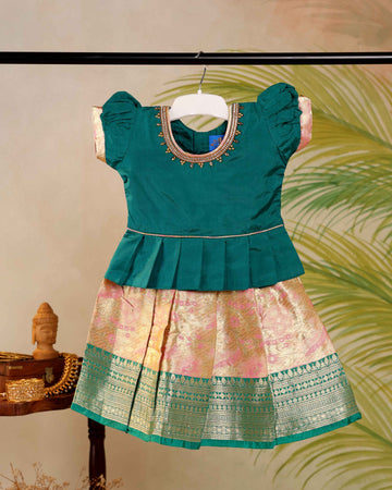 Classic Kids Pattu Pavadai Readymade a Traditional Ethnic Gown with Zari Border & Puff Sleeves  - Green
