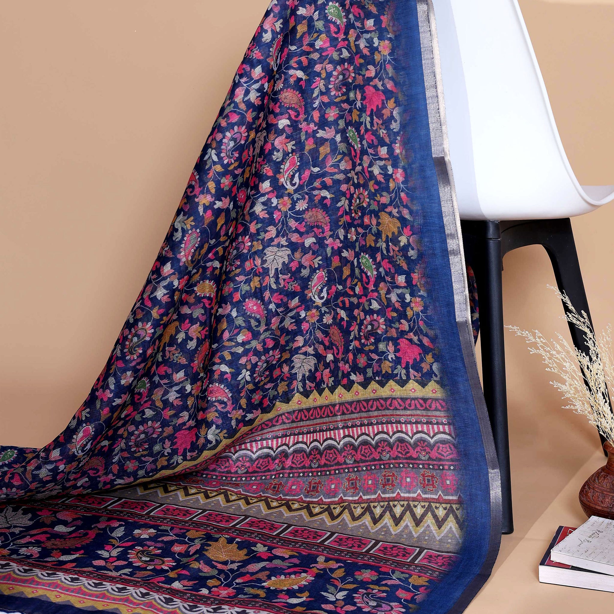 Ethnic Navy Blue Linen saree with Multi-color Paisley and Floral Design