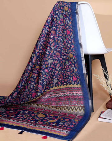 Ethnic Navy Blue Linen saree with Multi-color Paisley and Floral Design