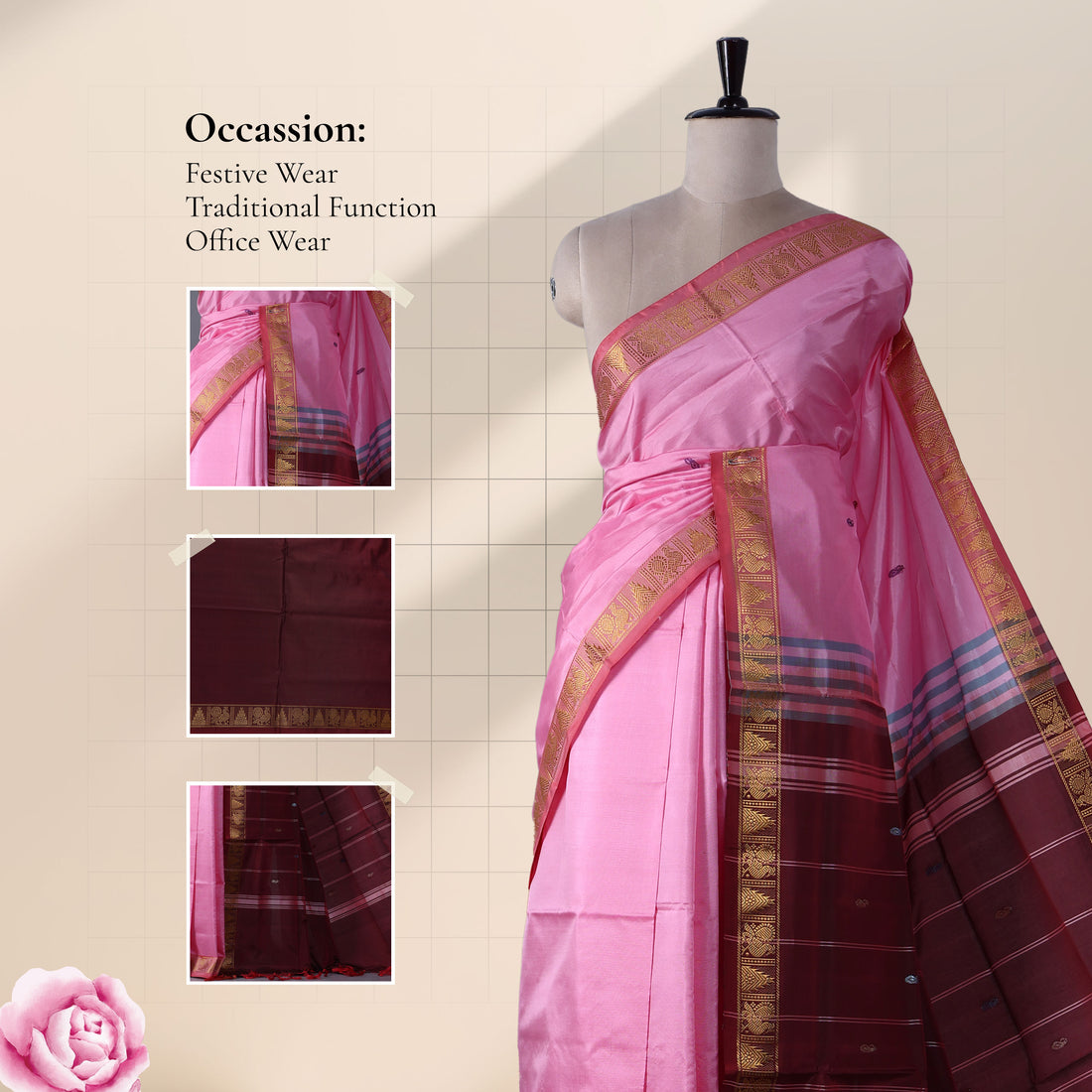 Rose Pink Banana Pith Semi Silk Saree for Women | Wedding & Festive occasion | Jeyachandran - Full View