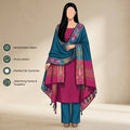 Pink Cotton Salwar Material With Blue Contrast Dupatta Striped Border And Tassel Detail Illustrated Front View
