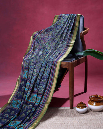Elegant Art Silk Saree Intricate Paisley & Floral Weave with Classic Woven Border - Navy Blue
