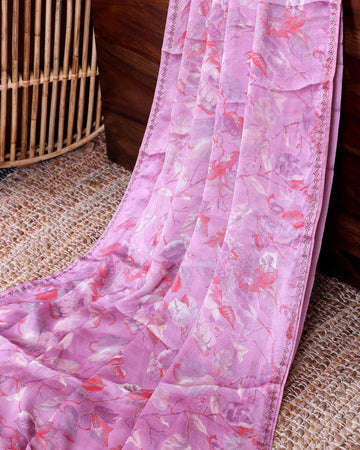 Elegant Georgette Saree with Abstract Floral Print and Delicate Embellished Border - Lavender