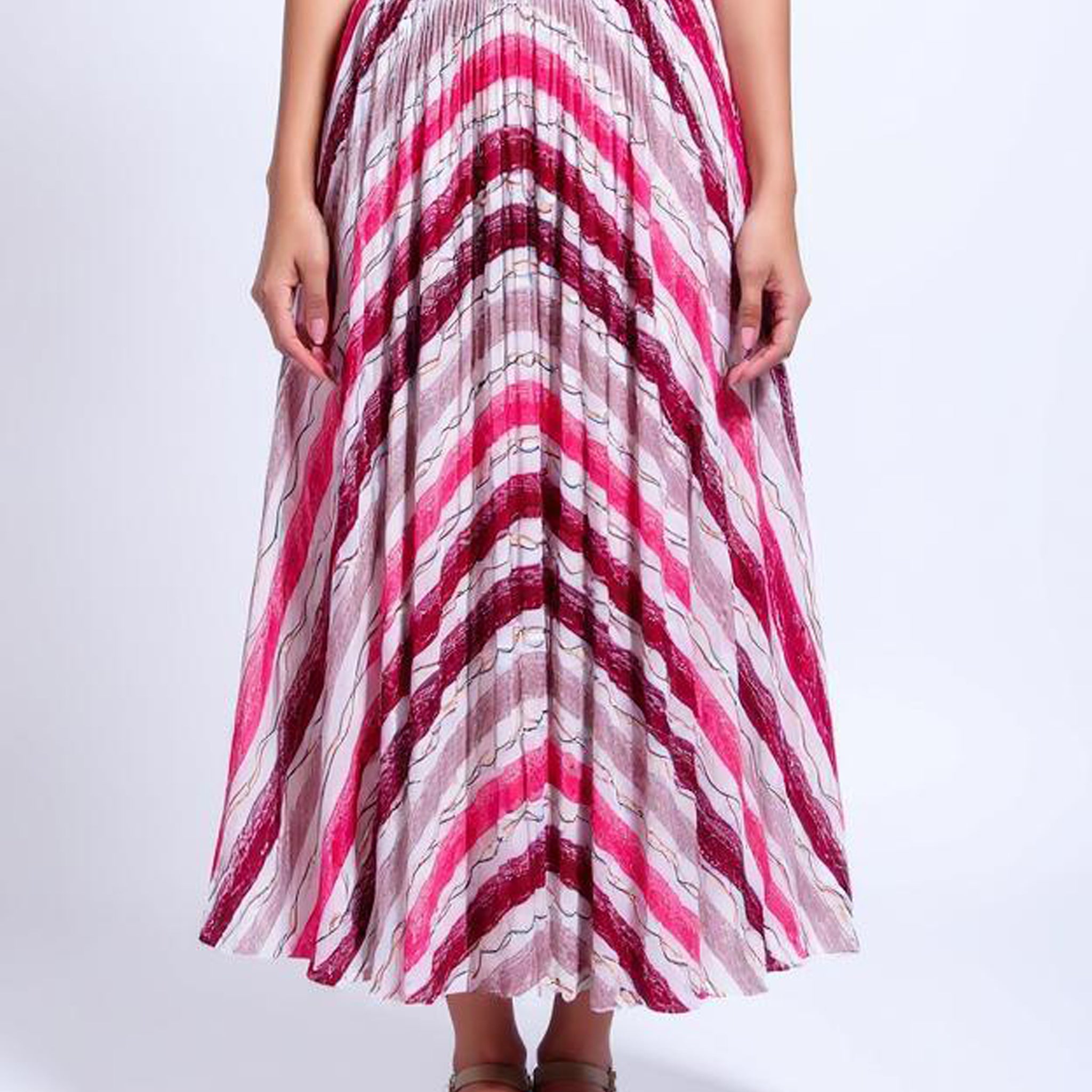 Chevron Print Pleated Midi Skirt - Multi