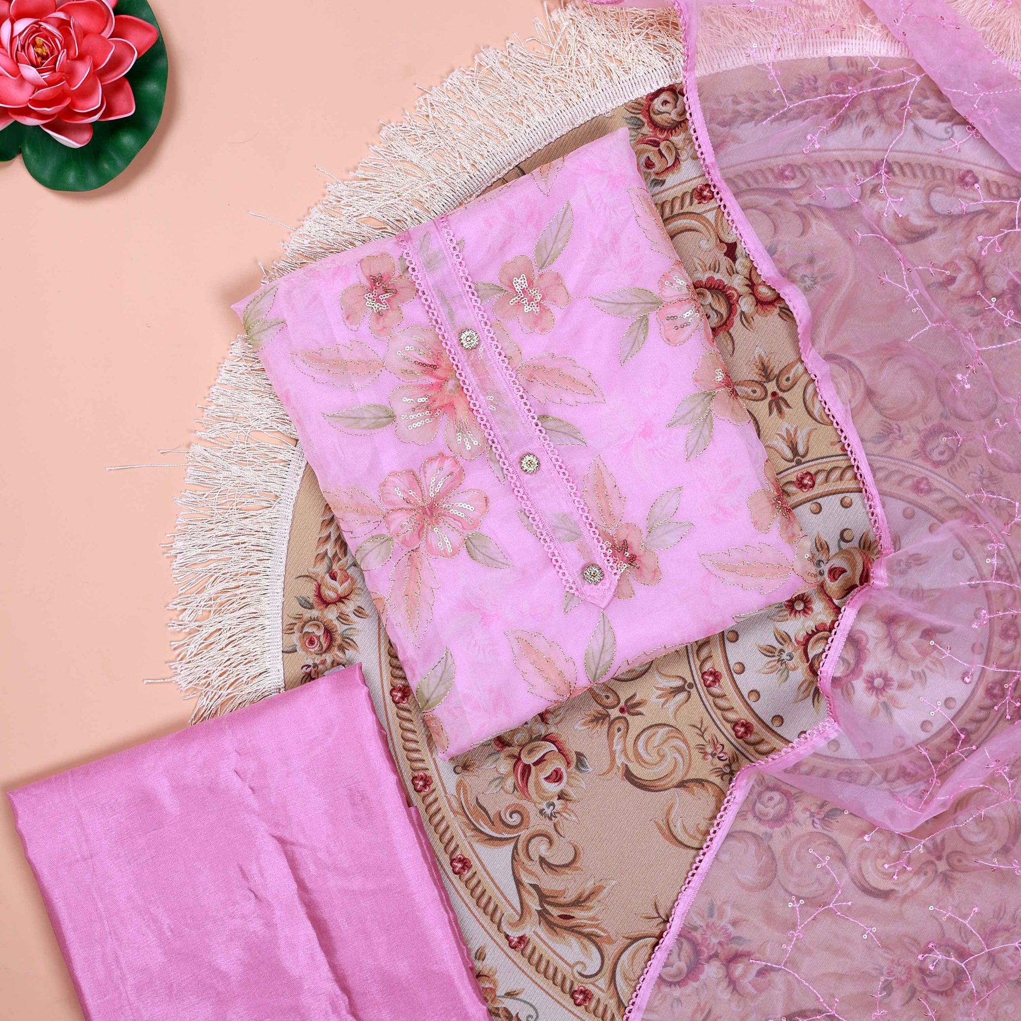 Women's Floral Embroidered Salwar Suit Material with Beaded Neckline and Net Dupatta - Pink