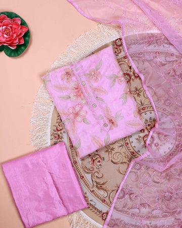 Women's Floral Embroidered Salwar Suit Material with Beaded Neckline and Net Dupatta - Pink