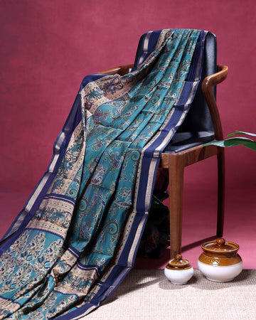 Elegant Semi Chanderi Saree with Paisley Inspired Motifs and A Plain Gold Woven Border - Teal