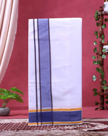 Traditional Men’s Handloom Cotton Dhoti  9+5 Meter with Elegant Blue & Gold Border - White