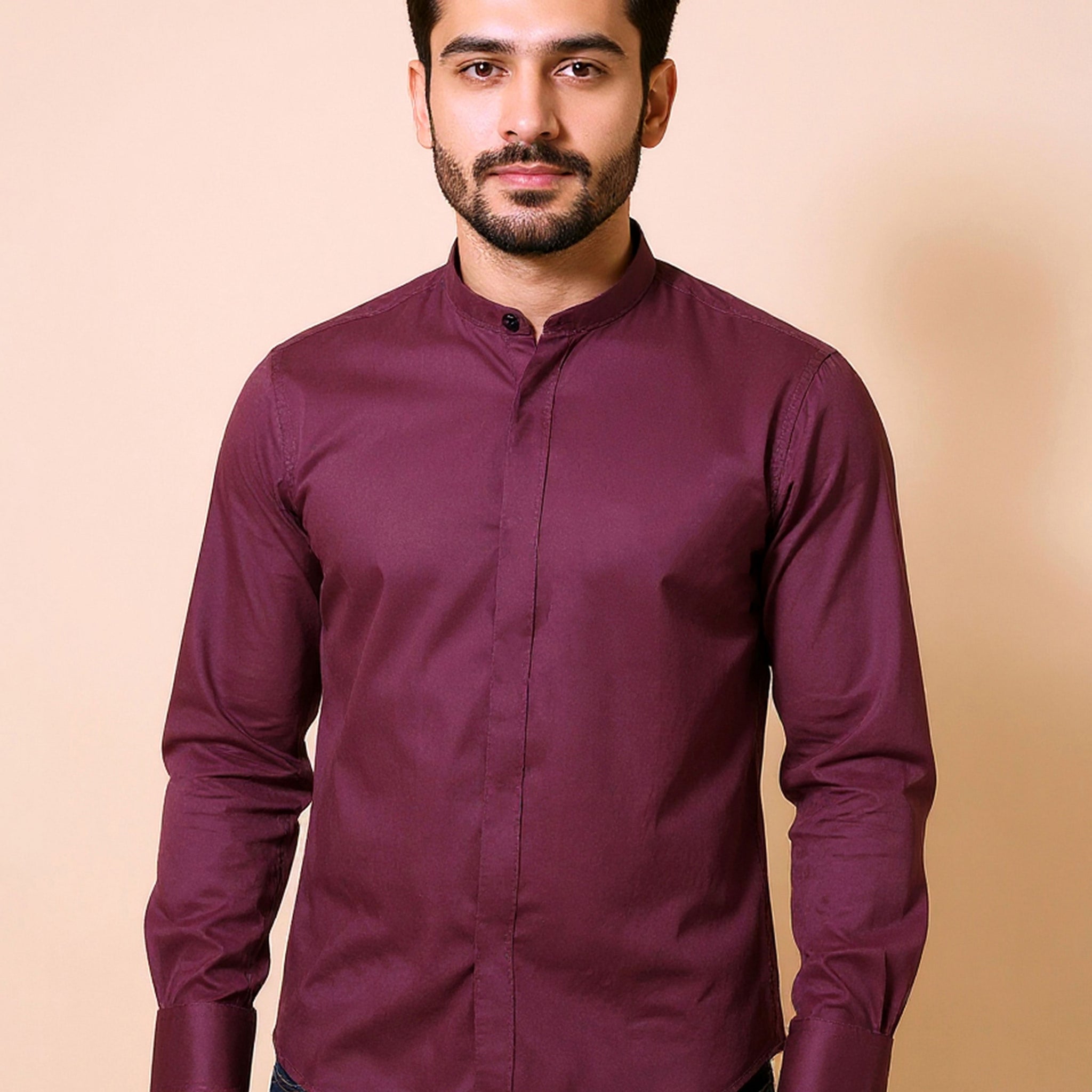Men's Nativebull Brand Slim Fit Solid Mandarin Collar Casual Shirt - Maroon