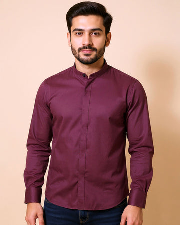 Men's Nativebull Brand Slim Fit Solid Mandarin Collar Casual Shirt - Maroon