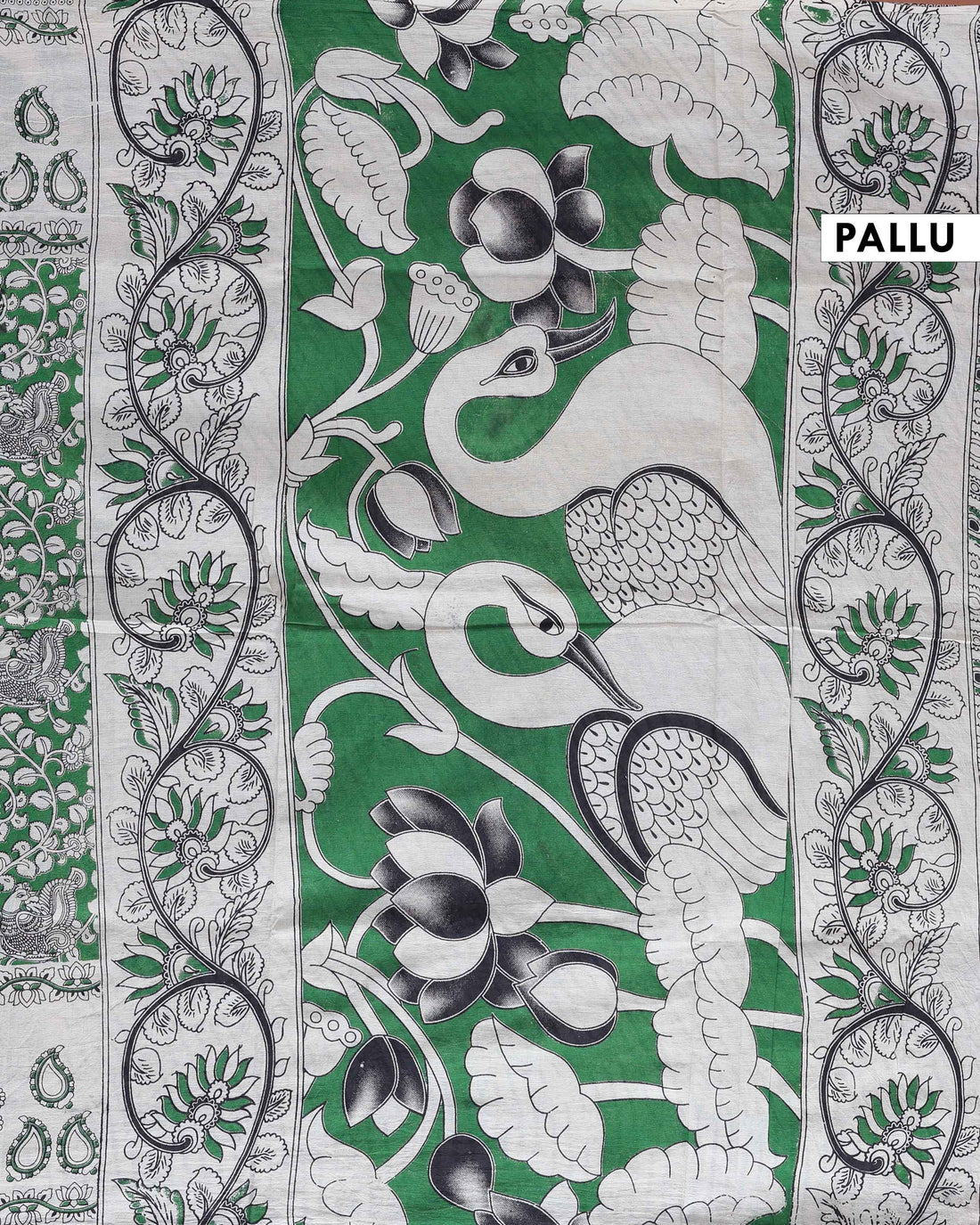 Traditional Handblock Printed Kalamkari Cotton Saree with Traditional Peacock & Floral Motifs - Green