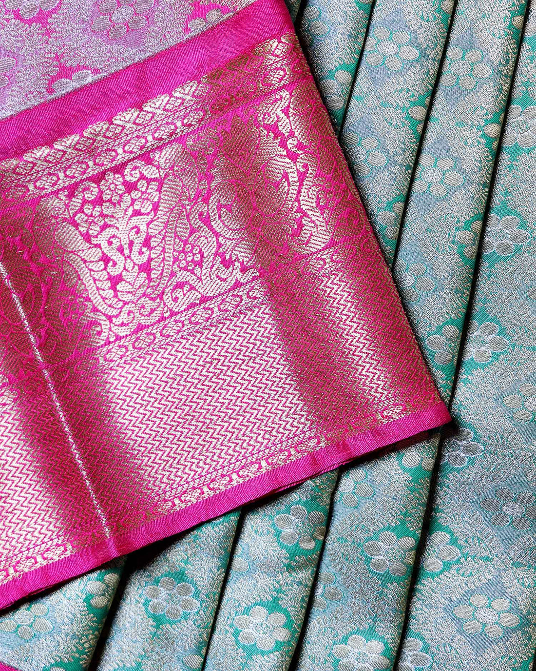 Traditional Kids Traditional Pattu Pavadai Material with All Over Floral Zari Weaving and Designer Border - Green