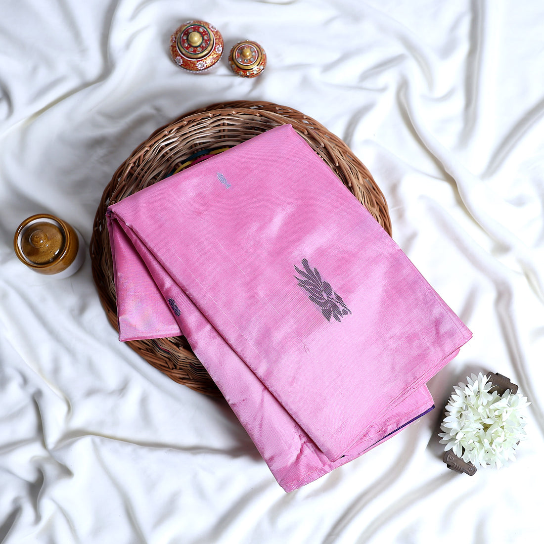 Bright Pink Banana Pith Semi Silk Saree for Women | Wedding & Festive occasion | Jeyachandran - Full View