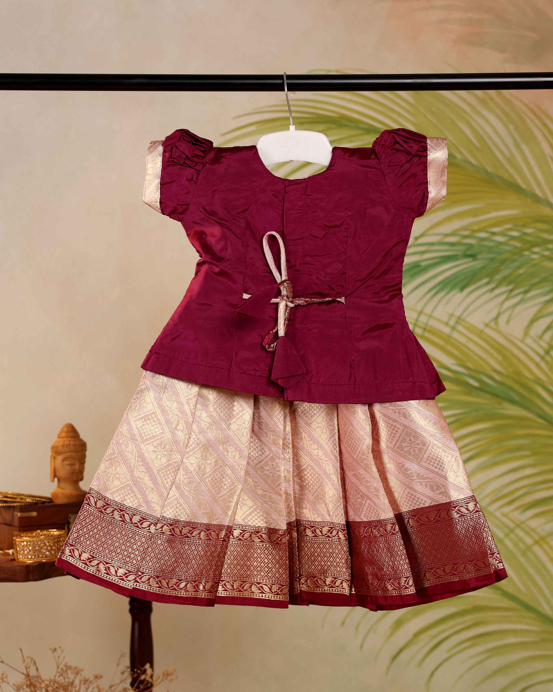 Elegant Kids Pattu Pavadai Readymade a Traditional Ethnic Gown with Zari Border & Puff Sleeves  - Maroon