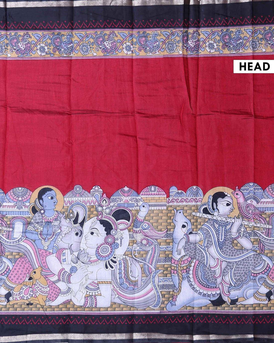 Elegant Semi Chanderi Saree with a Half Plain and Half Madubani Inspired Body and a Plain Border - Red