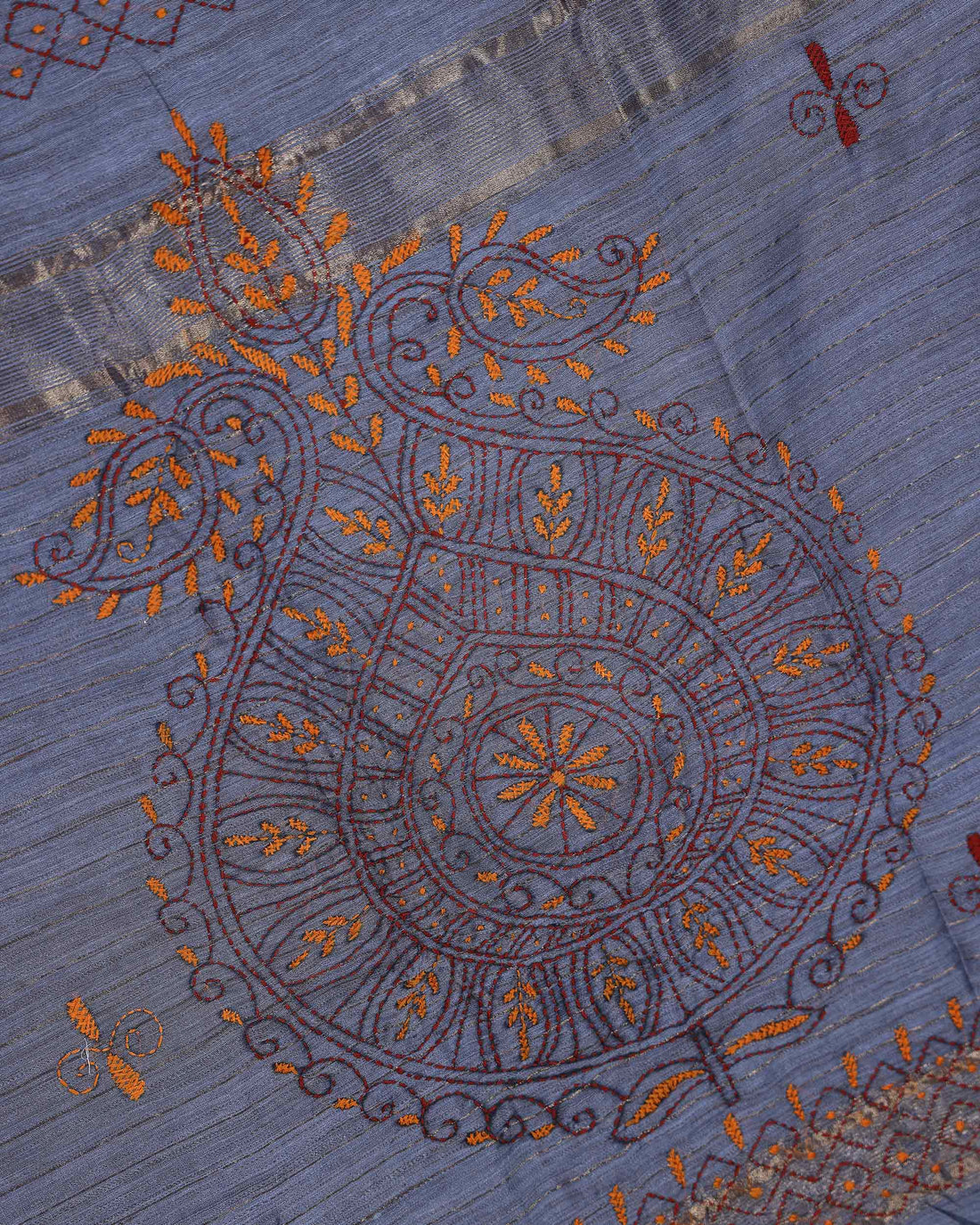 Elegant Kantha Hand Embroidered Saree with Intricate Floral Motif and Contrast Border - Grey