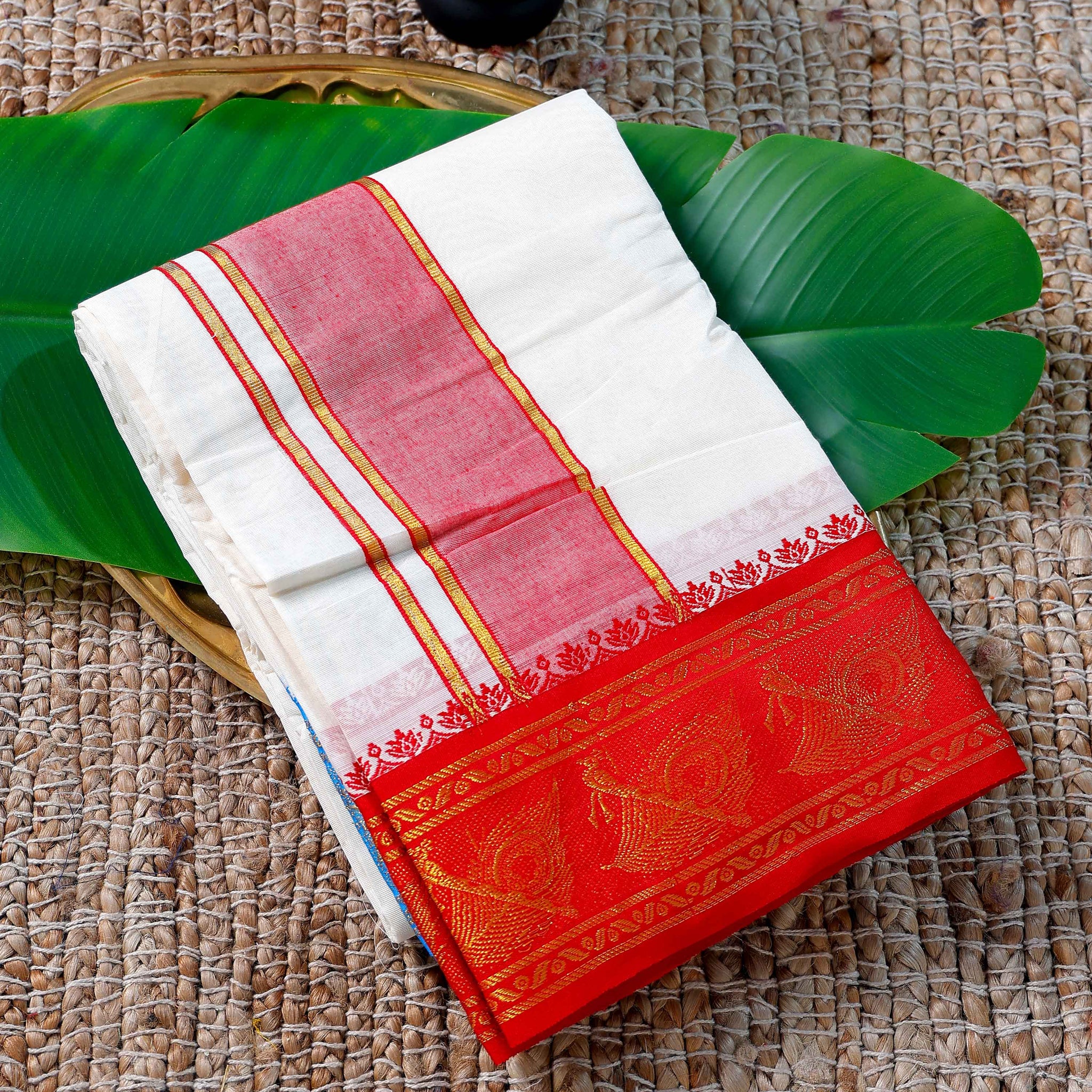 Men’s Cotton Dhoti with Red Colour Border - White