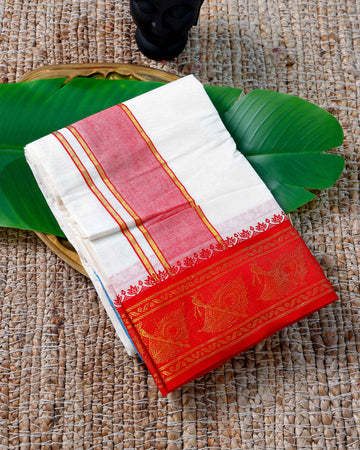 Men’s Cotton Dhoti with Red Colour Border - White