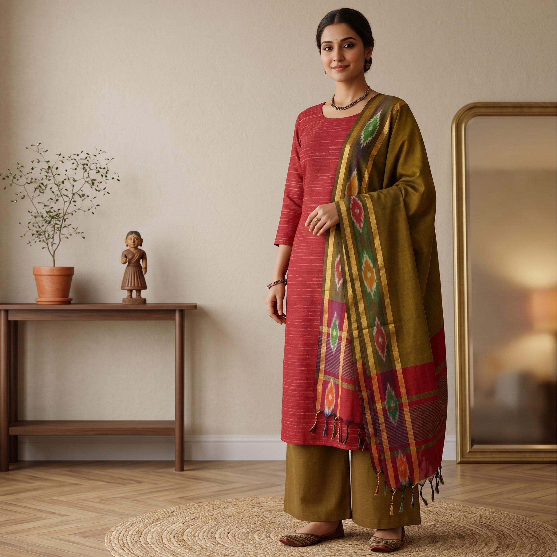 Red Cotton Salwar Material With Striped Weave Olive Green Dupatta And Striped Border Front View