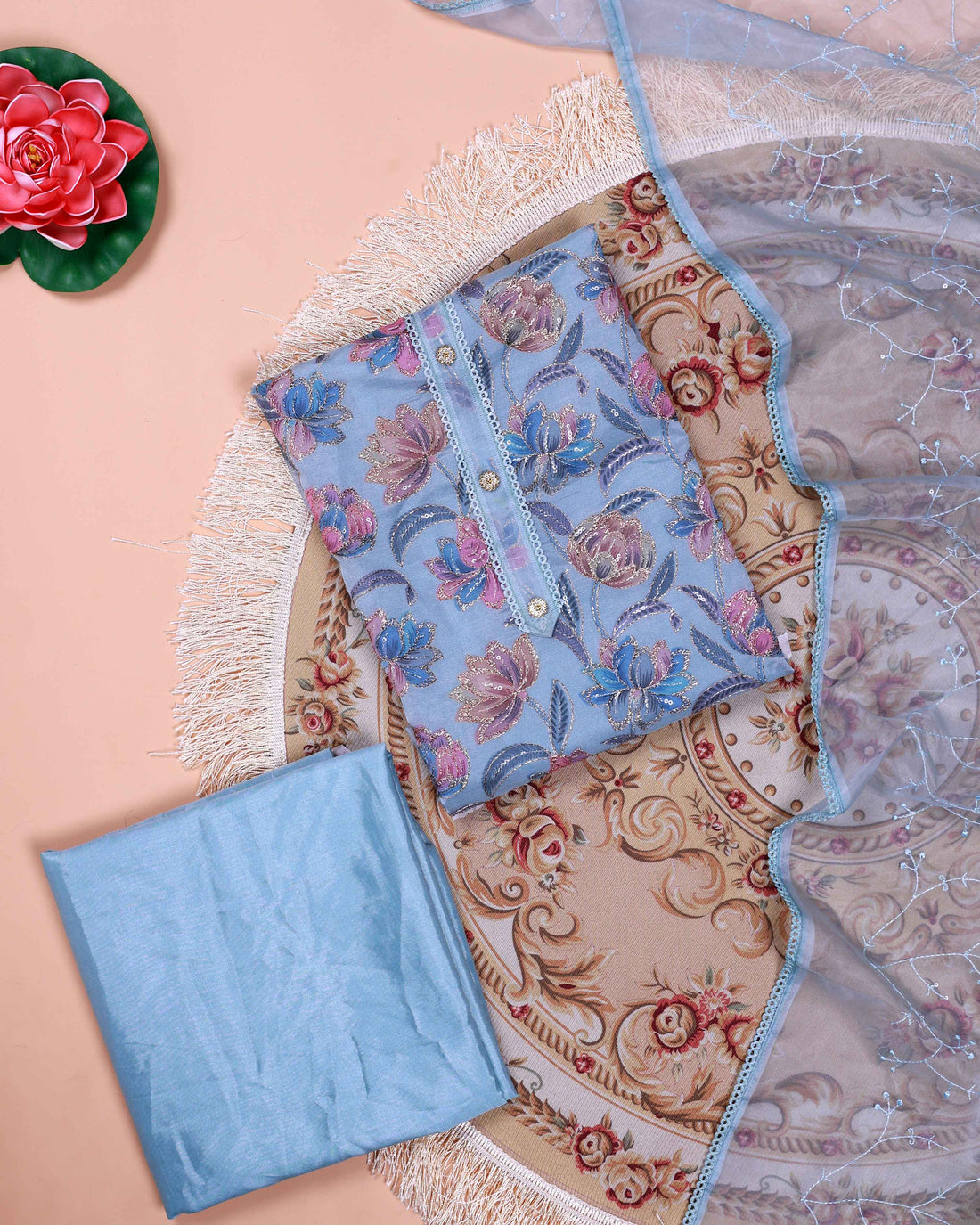 Women's Floral Embroidered Salwar Suit Material with Beaded Neckline and Net Dupatta - Teal