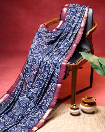Elegant Semi Chanderi Saree with Paisley Inspired Print and Contrast Zari Border - Blue