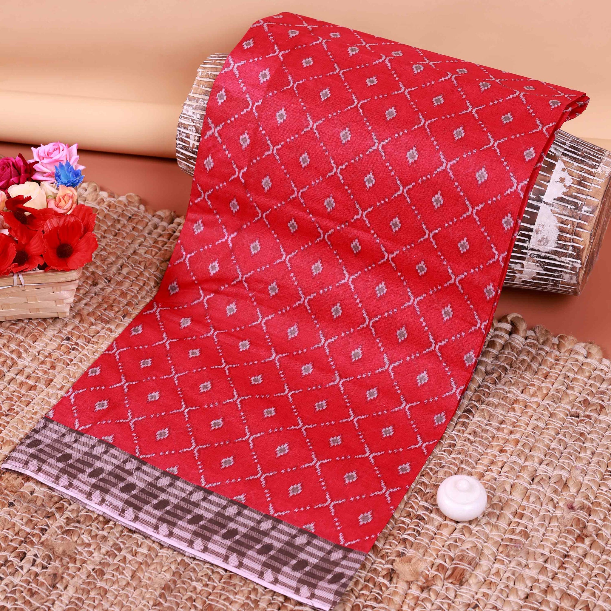 All-Over Floral Printed Voile Saree with Intricate Contrast Border – Red