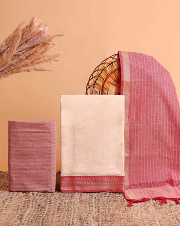 Women's Traditional Cotton Handloom Unstitched Salwar Suit Set Top 2.5m, Pant 2m, Dupatta 2.25m with Woven Red Border - Beige