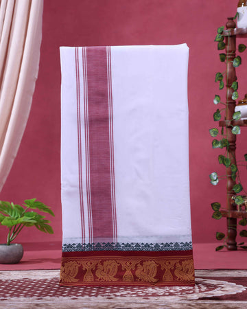 Traditional Men’s Handloom Cotton Dhoti  9*5 Meter with Elegant Multi Border - White