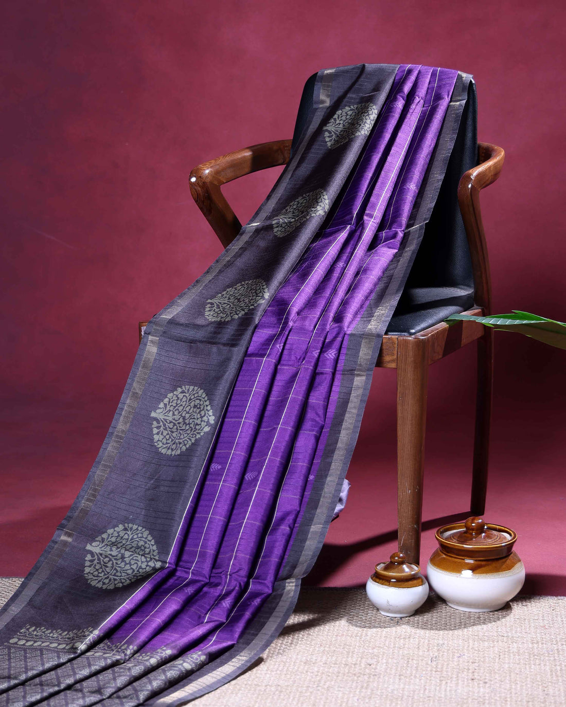 Raw Silk Saree with Checked Body Design and Traditional Tree Motif Woven Border - Purple