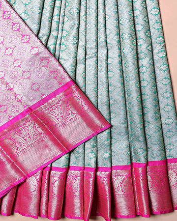 Traditional Kids Traditional Pattu Pavadai Material with All Over Floral Zari Weaving and Designer Border - Green