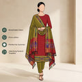 Red Cotton Salwar Material With Olive Green Contrast Dupatta Striped Border And Tassel Detail Illustrated Front View