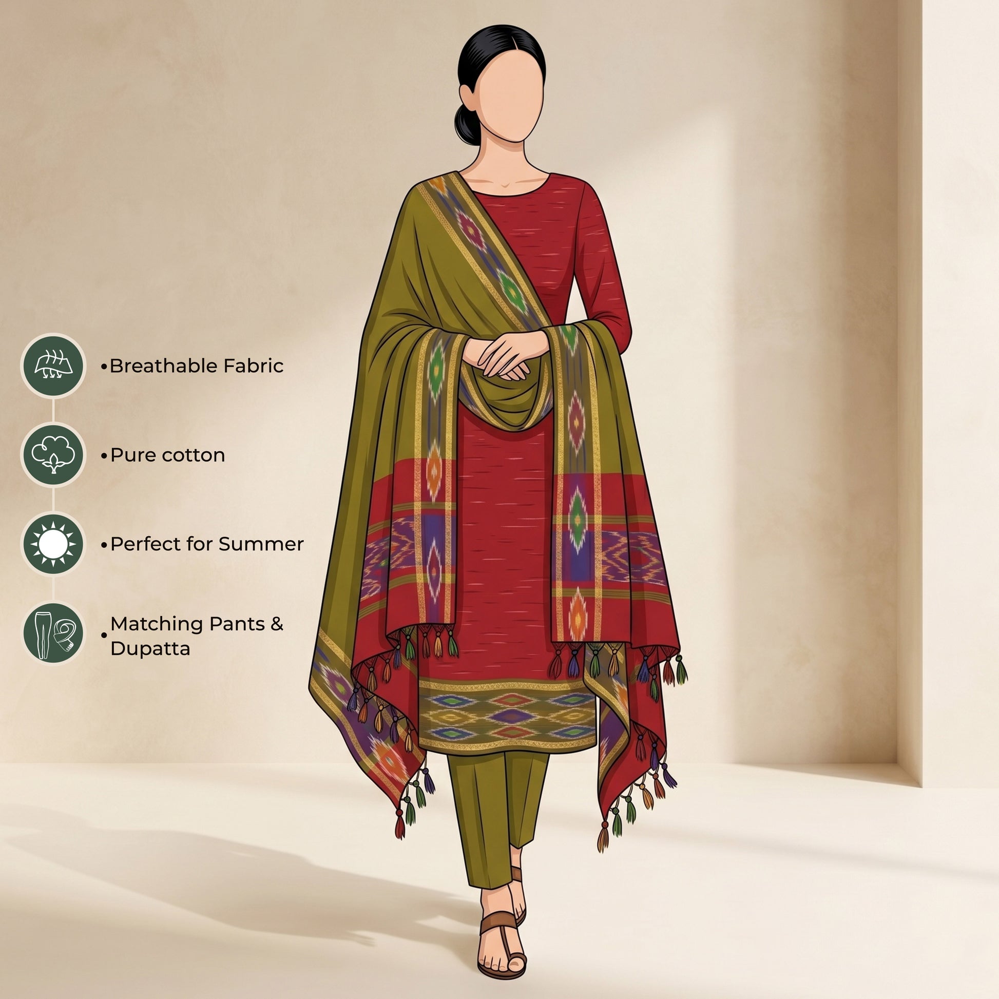 Red Cotton Salwar Material With Olive Green Contrast Dupatta Striped Border And Tassel Detail Illustrated Front View