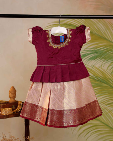 Elegant Kids Pattu Pavadai Readymade a Traditional Ethnic Gown with Zari Border & Puff Sleeves  - Maroon