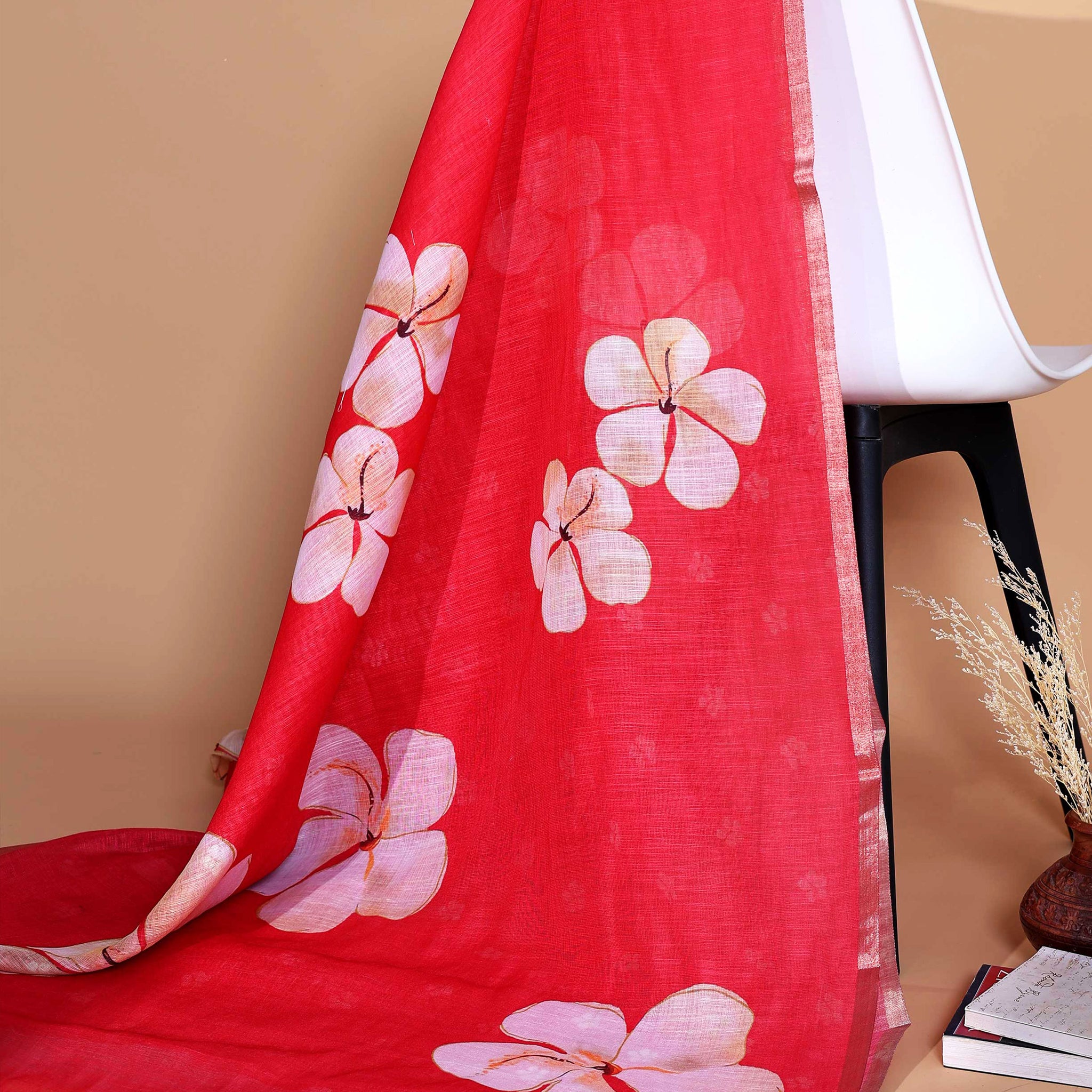 Ethnic Red Linen saree with Multi-color Paisley and Floral Design