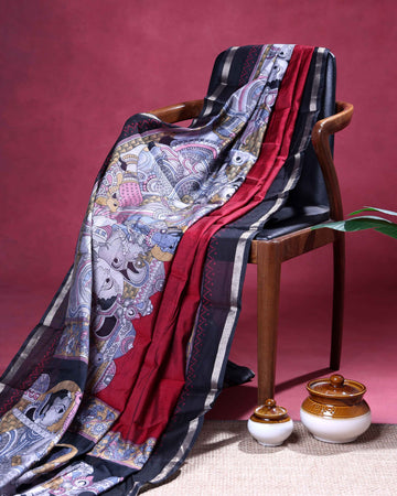 Elegant Semi Chanderi Saree with a Half Plain and Half Madubani Inspired Body and a Plain Border - Red